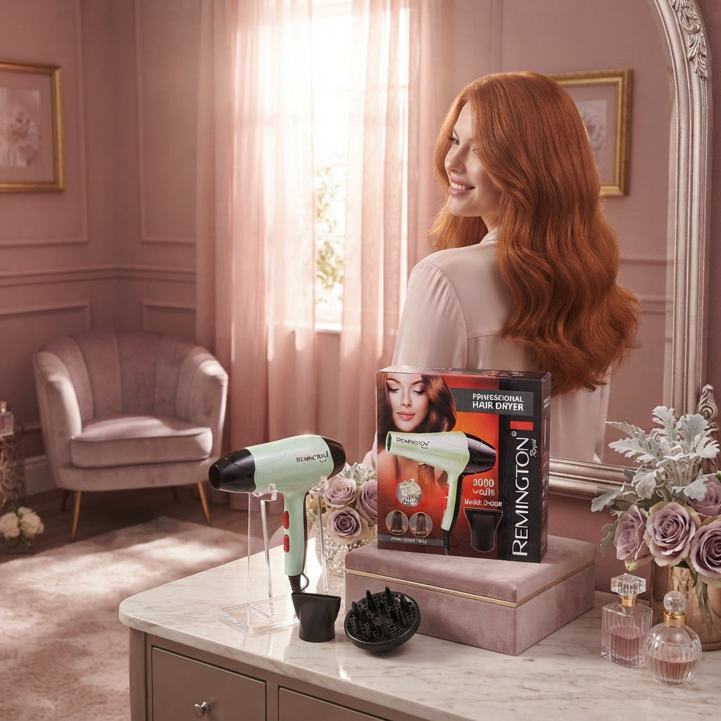 A woman with styled hair in a blush-toned room with a Remington D-6006 hair dryer and attachments on a vanity table.
